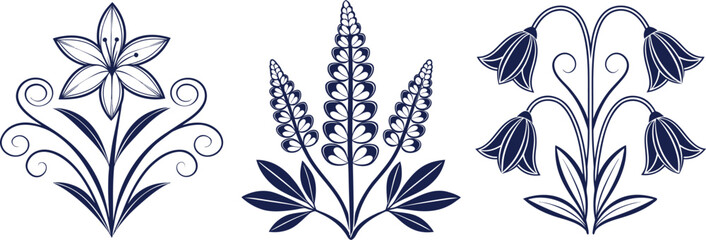 Three stylized floral ornaments in navy blue on a white background decoration element