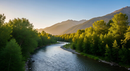 Serene Mountain River at Sunrise Surrounded by Lush Green Forest and Golden Light.