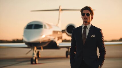 Businessman stands confidently on airport runway beside private jet during golden hour, showcasing luxury travel lifestyle and success in the business world - Powered by Adobe