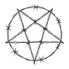 pentagram formed entirely from intertwined barbed wire. The sharp lines, twisted metal texture, and symbolic shape create a bold fusion of danger, rebellion, and dark aesthetic.