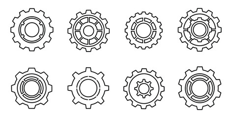 Collection of eight gear icons in black outline on a white background for engineering use