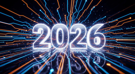 Futuristic 2026 new year concept with glowing neon lights and digital data streams, symbolizing technological advancement and future innovation