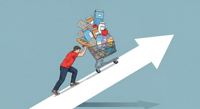 Man pushing shopping cart full of goods up arrow, symbolizing consumerism, inflation, economic challenges, and the rising cost of living