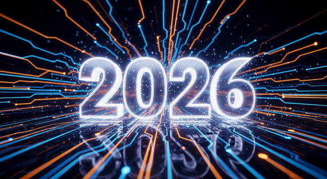 Futuristic 2026 new year concept with glowing neon lights and digital data streams, symbolizing technological advancement and future innovation