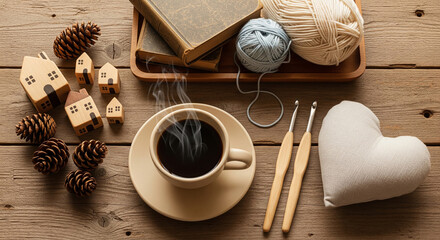 Overhead shot of cozy autumn scene with coffee, yarn, wooden houses, pine cones, heart, and book on a wooden surface, warm and inviting
