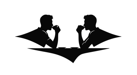 Two men in silhouette share a moment of quiet contemplation over cups.