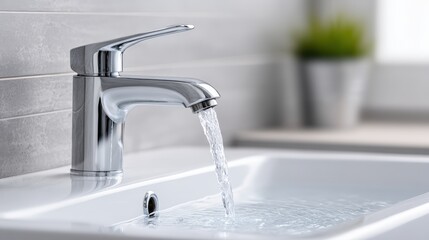 Modern chrome faucet with flowing water in a sleek white sink, showcasing the beauty of contemporary bathroom design and functionality with clean lines and minimalistic style