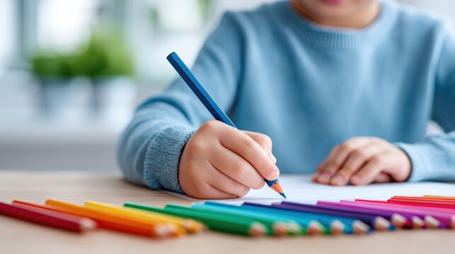 Young child with light blue sweater is drawing with colored pencils on a wooden table, surrounded by vibrant crayons, showcasing creativity and artistic expression