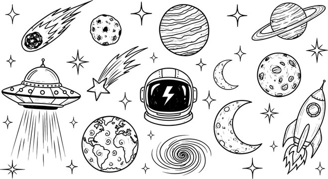 Hand drawn sketch of space elements including planets ufo astronaut helmet comets and stars - Powered by Adobe
