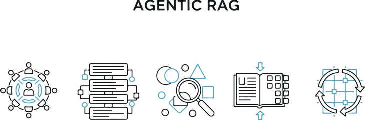 Agentic rag concept illustration with icons for collaboration, data, search, and process