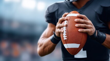 Male football player in black uniform holds an American football tightly, showcasing athleticism and focus, with blurred stadium background enhancing the competitive atmosphere