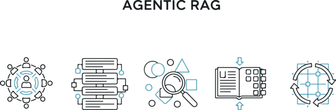 Agentic rag concept illustration with icons for collaboration, data, search, and process