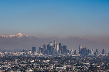 Skyline. Downtown Los Angeles and the Mount San Antonio(San Gabriel Mountains) from Kenneth Hahn State Recreation Area, Baldwin Hills Mountains of Los Angeles, California.	