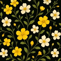 Botanical Yellow and White Flowers Over Black Background