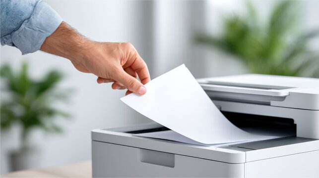 Hand of a person placing a blank sheet of paper into a modern printer on a wooden desk, surrounded by greenery, illustrating office productivity and technology use