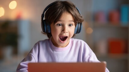 Young boy with brown hair wearing blue headphones is excitedly watching a laptop screen, showcasing joy and engagement in a cozy indoor environment with soft lighting