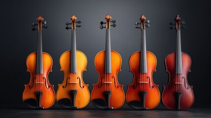 Five beautifully crafted violins in varying shades of wood, showcasing intricate designs and craftsmanship, arranged in a row against a dark background, highlighting musical artistry and elegance