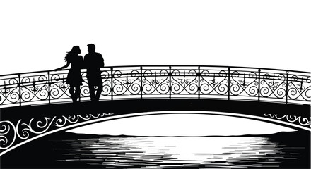 Romantic couple silhouetted on a bridge overlooking water at sunset
