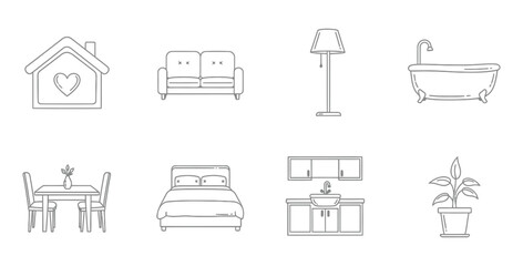 Minimalist line art of home furniture and decor elements for interior design concepts