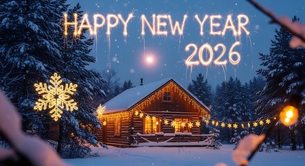 Happy new year celebration greeting card with winter cabin scene and sparklers for year of twenty twenty six -happy new year