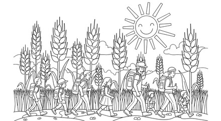A charming black and white illustration depicting a joyful group of children on an adventurous summer walk through a sun-drenched wheat field, perfect for a creative coloring book page