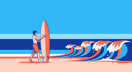 Minimalistic illustration of a surfer holding his surfboard on a tropical beach next to stylized