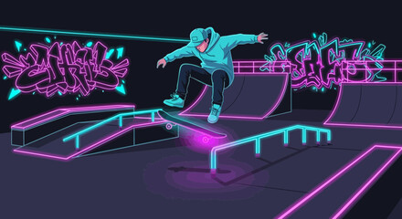 Fototapeta premium Neon skateboarding scene with a skateboarder performing a trick in a skate park setting