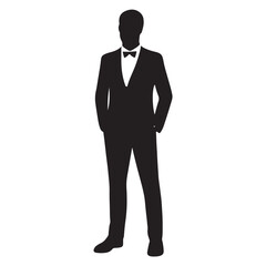 silhouette of a man in a formal tuxedo with a bow tie