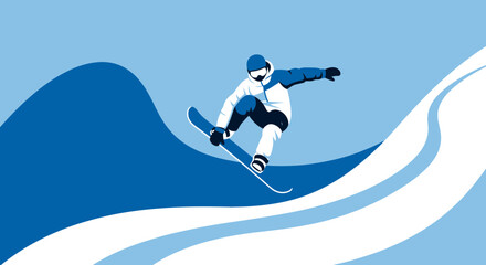 Vector illustration of a snowboarder catching air on a winter slope graphic design