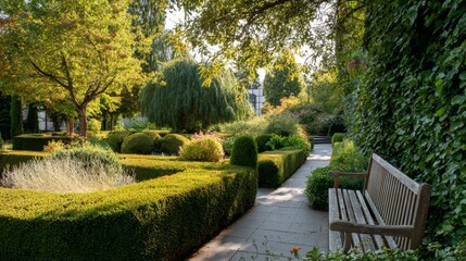 Serene Garden Pathway with Trimmed Hedges and Colorful Flower Beds Next to a Wooden Bench
