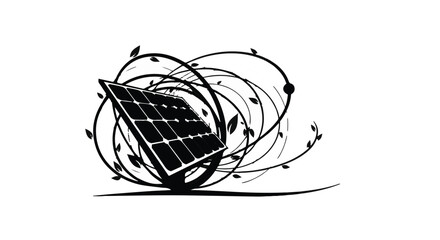 Solar panel embraced by swirling vines and leaves, symbolizing renewable energy and nature's harmony.