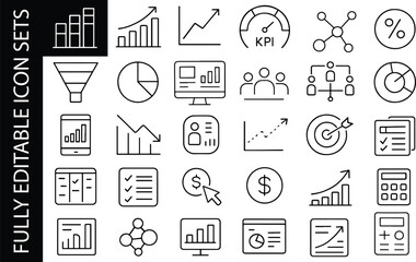 Minimal editable line icon set for analytics, KPI, business growth, finance dashboard, charts, metrics and performance tracking