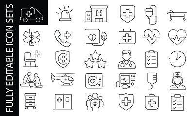 Minimal editable line icon set for medical healthcare, emergency service, hospital treatment, doctor tools and patient care