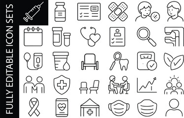 Minimal editable line icon set for medical vaccine, health checkup, clinic tools, patient care, diagnosis and wellness