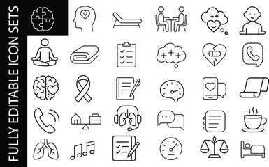 Minimal editable line icon set for mental health, wellness, therapy, counseling, mindfulness, meditation and emotional care