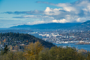 A view of North Vancouver with the autumn leaves.  from Burnaby Mt., BC, Canada
