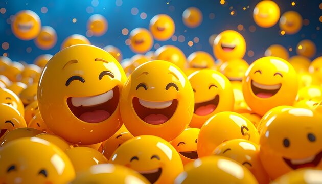 A Large Pile of Happy Yellow 3d Emoticons Laughing Together on a Blue Background