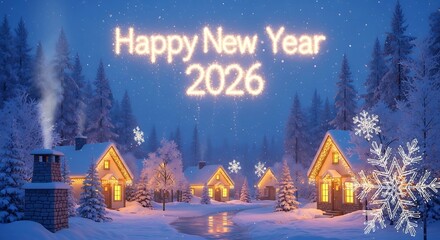Happy new year greeting card for year twenty twenty six with winter snow scene and cozy houses background -happy new year