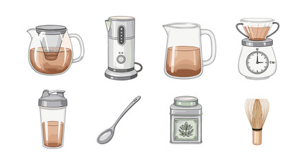 Watercolor tea making set with kettle, teapot, and barista tools