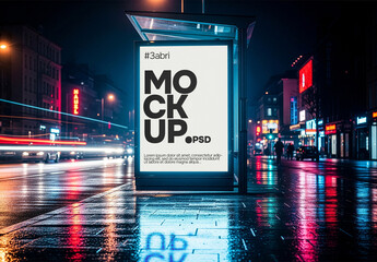 City night scene bus stop poster mockup