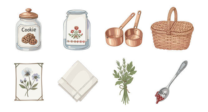 Vintage kitchen elements: jars, copper pots, and wicker basket delights