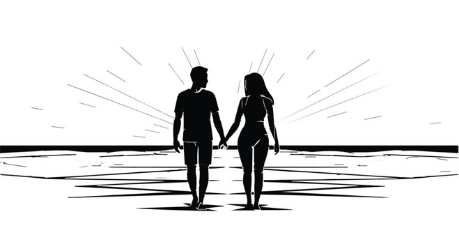 Silhouetted couple holding hands, walking towards a bright horizon, symbolizing hope and a shared future.