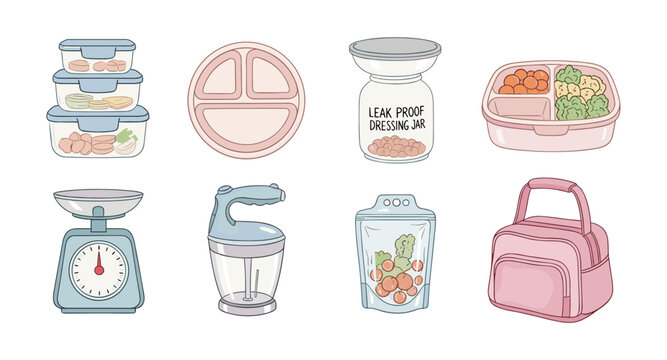 Hand-drawn kitchen storage and food prep items with lunch containers and accessories
