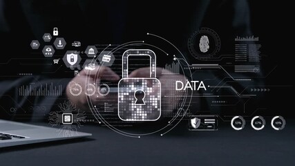 A focused business professional using a laptop, surrounded by digital graphics representing data security, cybersecurity, and innovative technology for protection against threats. Qubit - Powered by Adobe