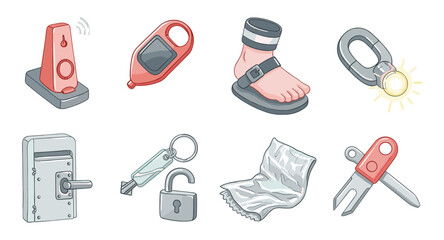 Personal safety items and tools in watercolor style