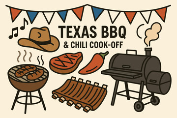 Hand drawn texas bbq and chili cook off celebration with food and decorations