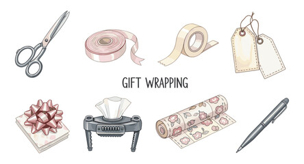 Gift wrapping set with scissors, ribbons, tags, and pen in watercolor style