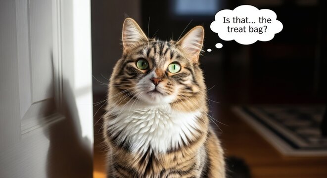 Fluffy Brown Tabby Cat with Bright Green Eyes Looking Up Thinking About Treats Indoors