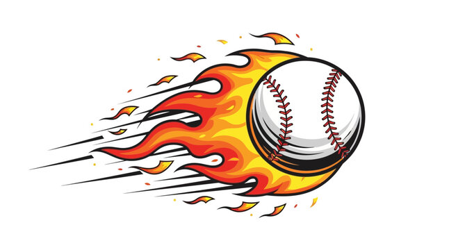 A baseball engulfed in flames, illustrating speed and motion against a white background.