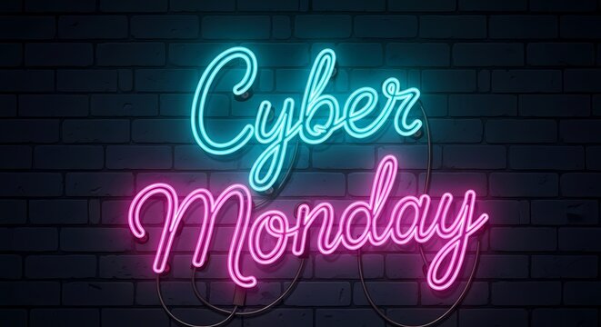 Cyber Monday Neon Sign Glowing Vibrant Blue and Pink on Dark Brick Wall Background for Online Shopping Event Promotion